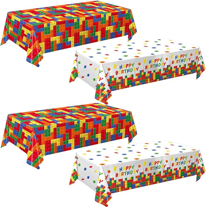 4 Pack Building Block Party Tablecloths, Colorful Blocks Bricks Disposable Plastic Table Covers for Kids’ Block-Themed Birthday Party Supplies, 54 × 108 Inches