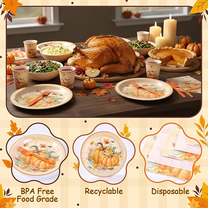Mostop 126 Pcs Tableware Set - Fall Harvest Disposable Dinnerware with Plates, Napkins, Forks, Table Covers for Autumn Celebrations, Thanksgiving Day, and Harvest Festival, Serves 25 Guests
