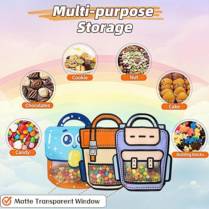 PABCK 30 Pack Plastic Gift Bags Cartoon Goodie Bags 7.09x8.27 inch Backpack-shaped Candy Packaging Bag with Handle Resealable Treats Birthday Party Favor Stand Up (10 Blue,10 Purple and 10 Orange)