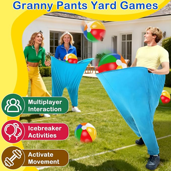 11 PCS Granny Pants Yard Game Easter Games Set, Oversized Blue & Yellow Pants With 8 Colorful Bouncy Balls & 1 Air Pump, Outdoor Tossing Games For Adults Family Easter Carnival Party Reunion Gathering
