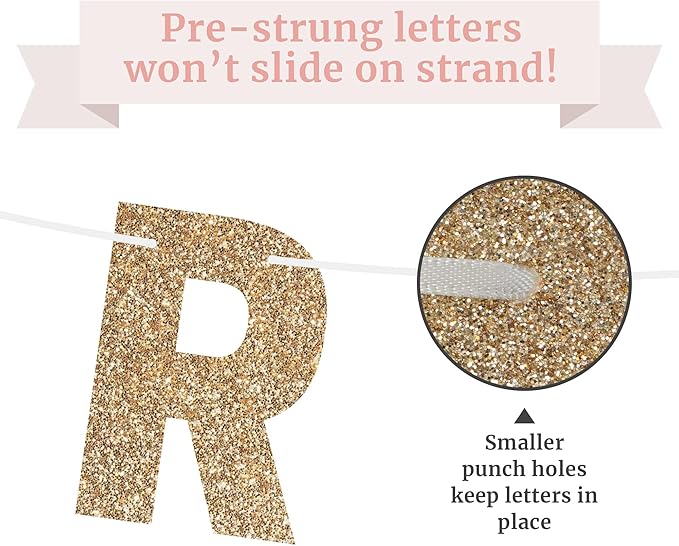 Pre-strung Happy Birthday Banner - No DIY - Gold Glitter Birthday Party Banner for Men & Women - Pre-strung Garland on 8 ft Strands - Gold Bday Party Decorations & Decor. Did We Mention No DIY