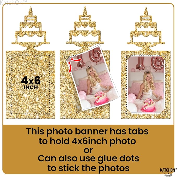 KatchOn, Glitter Gold Happy Birthday Photo Banner - Prestrung, 2 Strings, 10 Feet | Happy Birthday Banner with Photo for Gold Birthday Decorations