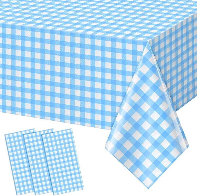 3pcs 54X108inch Light Blue Checkered Tablecloth,Blue Gingham Tablecloths Buffalo Plaid Disposable Plastic Table Covers for Birthday Baby Shower Bridal Wedding Party Birthday Decorations