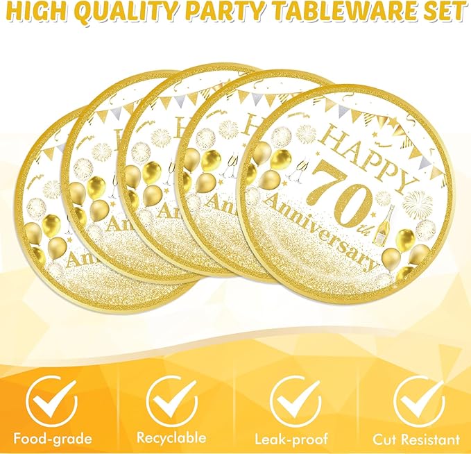 41PCS 70th Anniversary Decorations Cheers to 70 Years Disposable Tableware Including Plates Napkins Tablecloth for Men Women 70th Birthday Anniversary Party Supplies, 102-25