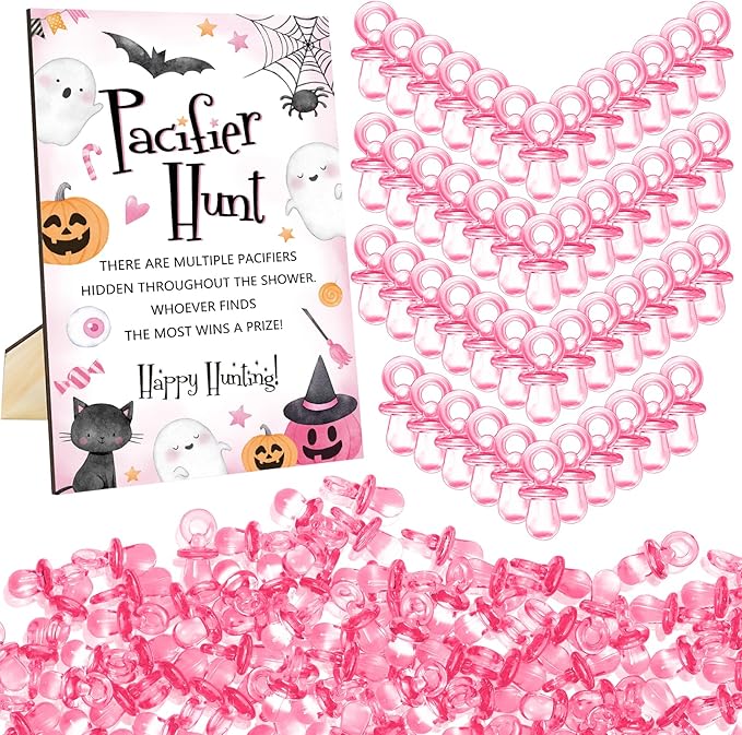 Whaline 51 Pcs Halloween Pacifier Hunt Baby Shower Game Include Wooden Sign 50 Pink Plastic Pacifier for Gender Reveal Party Favor Gift Supplies