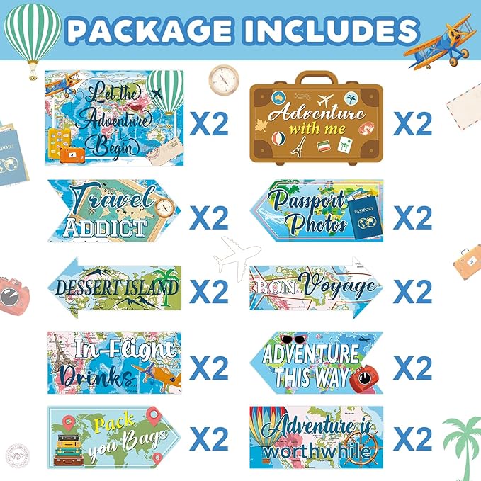 20 Pieces Travel Party Signs Travel Themed Party Decorations Let The Adventure Begin Sign Around the World Decorations Bon Voyage Party Wall Door Porch Yard Sign Travel Party Supplies