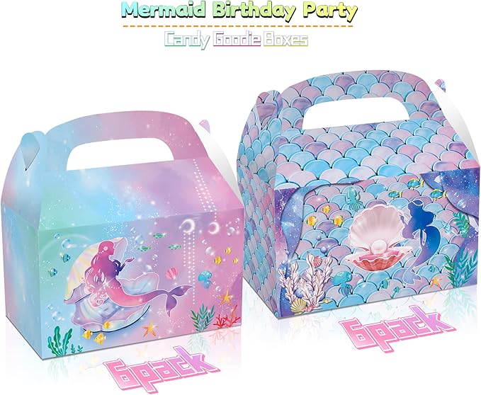 LOCHSOEL Mermaid Birthday Party Gift Treat Gable Boxes ，Supplies Under The Sea Theme Favor Decorations Candy Goodie Boxes for Girl's Birthday Party、Events and Baby Shower（12Pcs