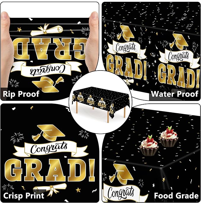 2Pack Graduation Decorations 2026, 108" X 54" Graduation Tablecloth, Blackgold Rectangle Class of 2026 Table Cloths, Disposable Plastic Congrats Grad Tablecover for Grad Party Favors Supplies