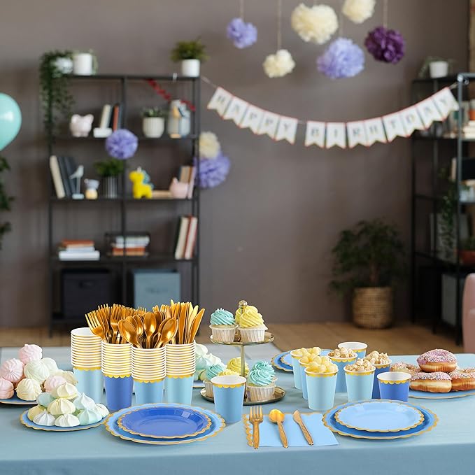 Kochorie 140 PCS Blue Party Supplies for 20 Guests Disposable Dinnerware Set Includes Scalloped Plates Napkins Cup Cutlery Tableware Set for Birthday Party Wedding Baby Shower Picnic