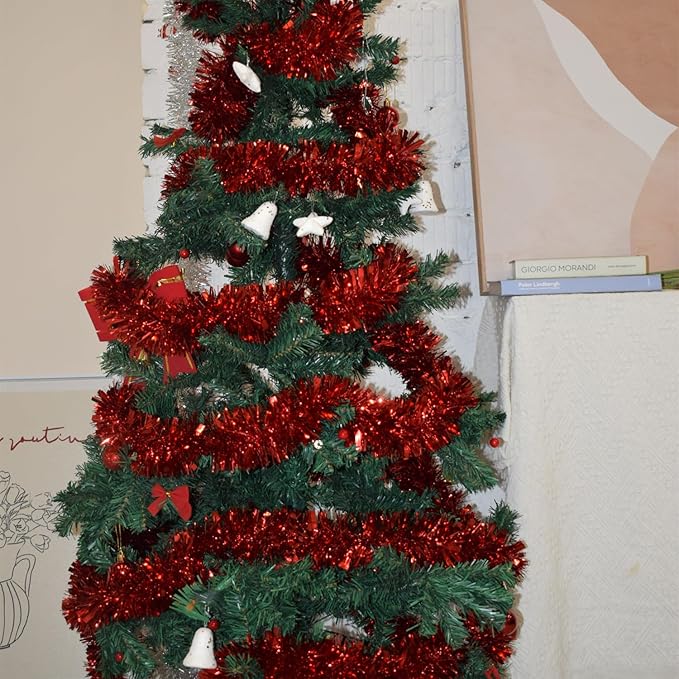 33FT Christmas Tinsel Garland,Red Shiny Metallic Foil Decorations for Parade Floats, Halloween, Christmas Tree, New Year Parties,Birthday Party,Indoor and Outdoor Disco Party Supplies