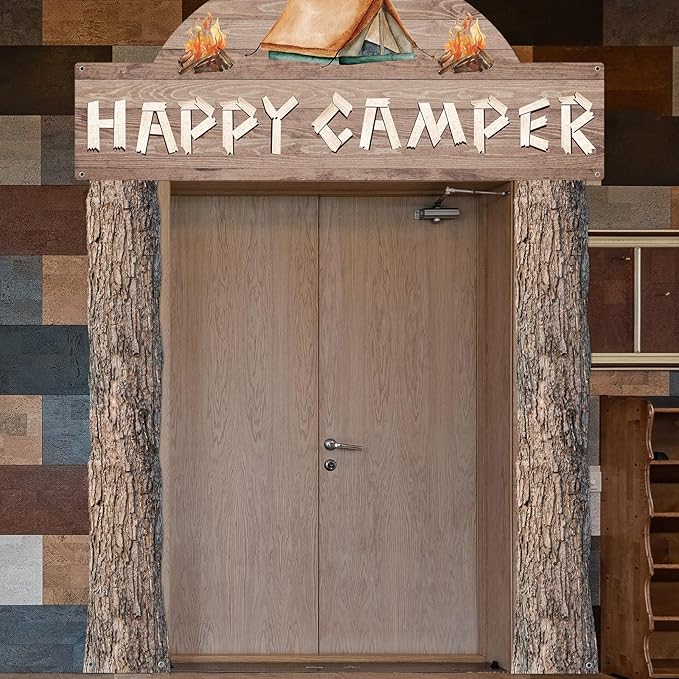 Peryiter 3 Pcs Camping Themed Party Decorations Banner Welcome Porch Sign with 1 Double Sided Tape for Summer Camp Birthday Hawaii Baby Shower Themed Party Activity Decor Door(Happy Camper)