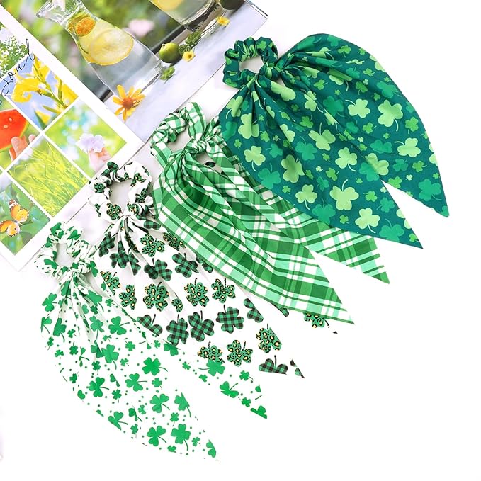 4pcs St.Patrick's Day Hair Ties for Woman Girls Green Plaid Shamrock Ribbon Hair Scrunchies Elastic Irish Lucky Leaf Hair Tie St.Patricks Party Supplies Hair Accessories