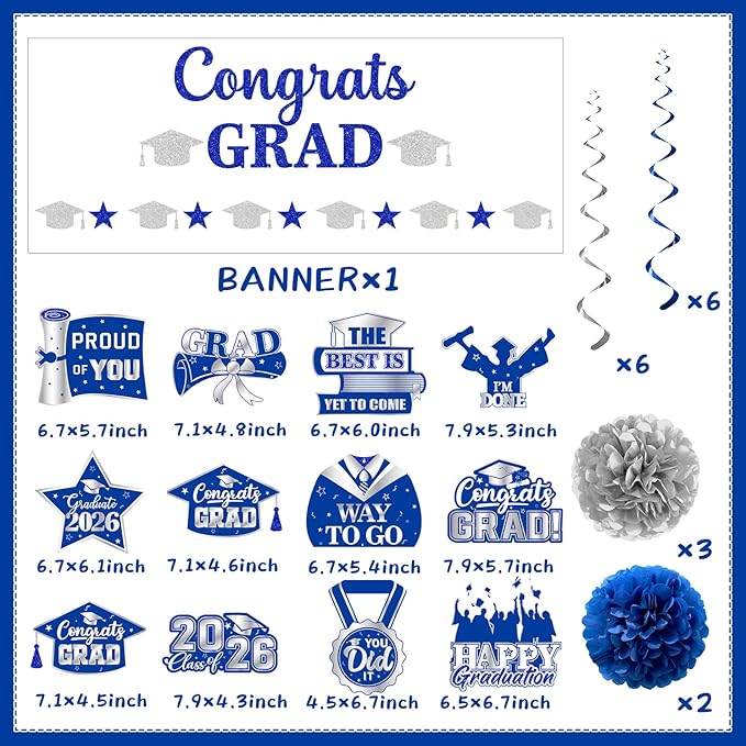 Graduation Decorations 2026, Glitter Congrats Grad Banner Hanging Swirls and Tissue Pom Poms, Silver and Blue Graduation Decorations for Class of 2026 College Graduations Party Decorations