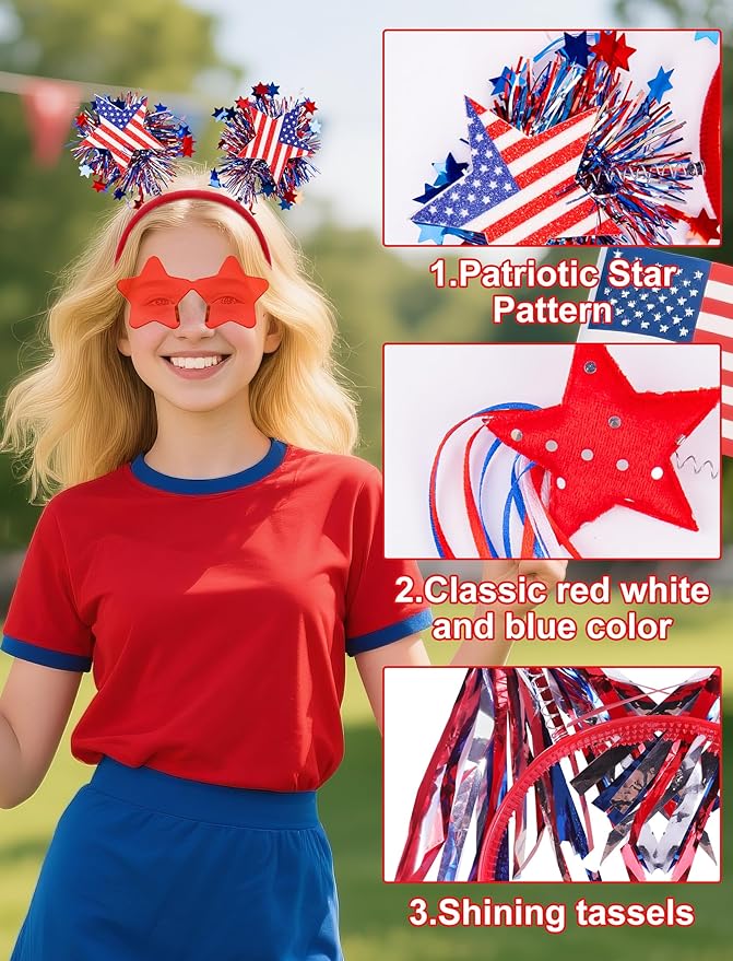 VEKDA 8 Pcs Patriotic Party Accessories, 4th of July Headband and Star Glasses for Independence Day and Memorial Day Veterans Day Supplies