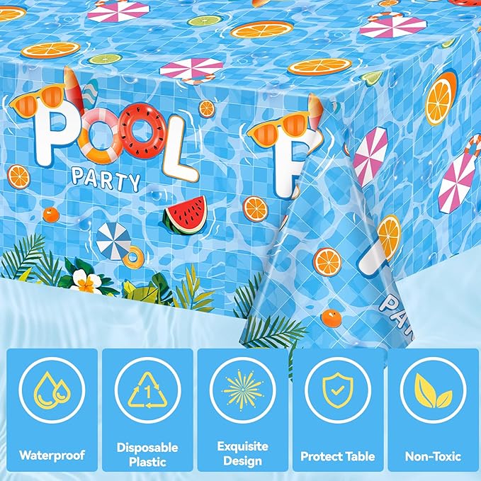 3pcs Pool Party Table Cloth Disposable, Waterproof Summer Tablecloth for Beach Swimming Pool Summer Birthday Party Dining Table Decor 54 X 108 Inch
