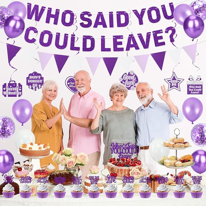 Roetyce Farewell Party Decorations, Purple Silver Who Said You Could Leave Banner Cake Toppers Balloons Hanging Swirls, Going Away Retirement Leaving Party Decorations, Coworker Goodbye Party Supplies