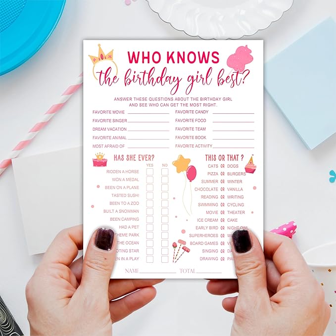 6"X8" Who Knows The Birthday Girl Best - Pink Theme Funny Double-Sided 3-in-1 Game Card Set for Girls Birthday Party, Sleepover Party Activities Party, Favor & Supplies (20 Pcs)- A01