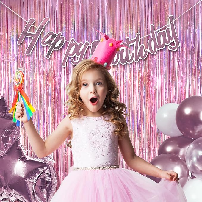 MYUPDALIN 2 Pack Pink Party Backdrop Decorations Tinsel Curtain Pink Princess Bachelorette Theme Party Decorations