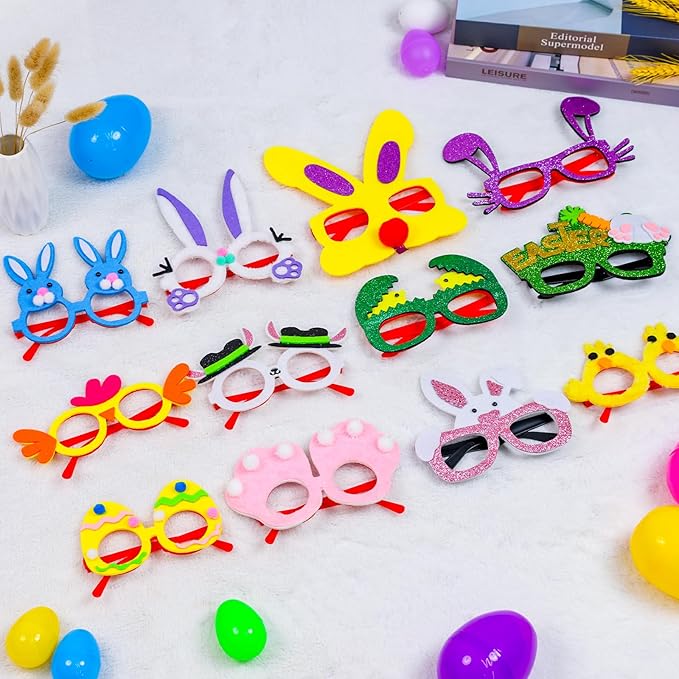 MGparty Easter Party Glasses Frame 12PCS Easter Bunny Ears Chick Eggs Glasses Easter Party Decoration Supplies Easter Photo Booth Basket Stuffers for Kids and Adults