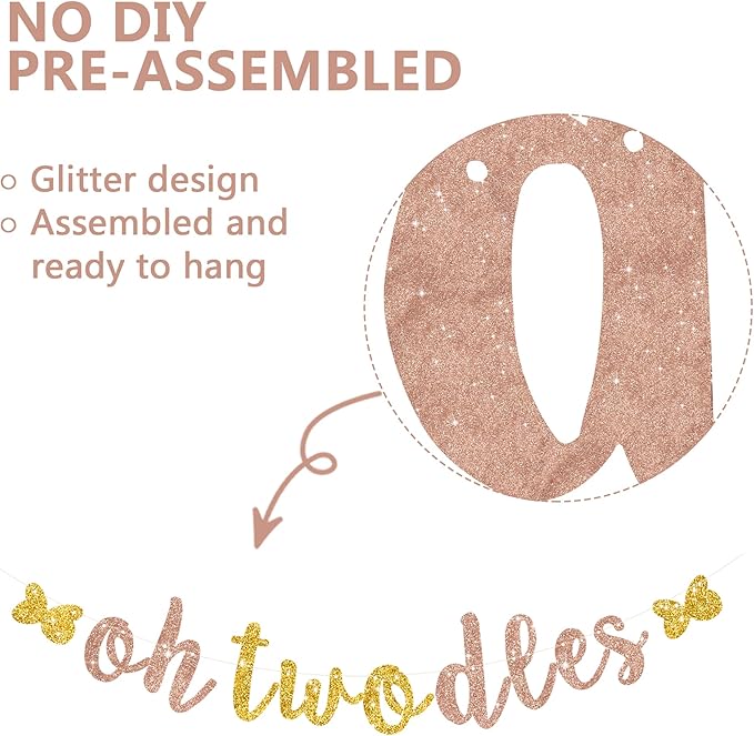 Glitter Rose Gold Oh Twodles Banner Pre-Strung Mouse Themed Cartoon Party Sign Garland 2nd Baby Birthday Decorations Birthday Party Supplies for Boys Girls,NO DIY