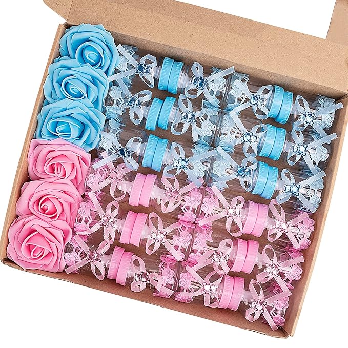MACTING 2 Dozens Feeding Bottle Candy Box with 6pcs Artificial Flower Rose, 3.5 Inch Boys Girls Favor Baby Bottles for Baby Shower Favor Gift Decoration, Blue Pink