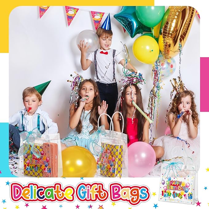 Henoyso 12 Pcs Clear Happy Birthday Gift Bags Plastic Goodie Candy Treat Bags PVC Party Favor Totes with Handles 7.8 x 7.8 x 3.1 Gift Wrap Totes