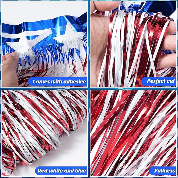 3Pack 30ft 4th of July Decorations Banner USA Stars Foil Fringe Garland Tinsel Streamers Red White and Blue Flag for Independent Memorial Veterans Day Patriotic Party USA 250 Anniversary Decorations