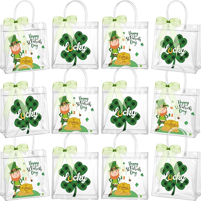 Henoyso 12 Pcs St. Patrick's Day Clear Gifts Bag Plastic Shamrock Party Favor Bags with Handles and Ribbon Green Lucky Clover Gift Bags 7.8 x 7.8 x 3.1 PVC Totes for Irish Goodie Treat Gift Wrap