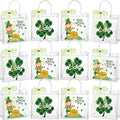 Henoyso 12 Pcs St. Patrick's Day Clear Gifts Bag Plastic Shamrock Party Favor Bags with Handles and Ribbon Green Lucky Clover Gift Bags 7.8 x 7.8 x 3.1 PVC Totes for Irish Goodie Treat Gift Wrap