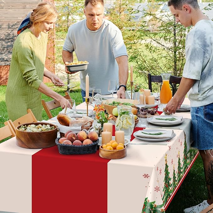 Childom 2 Pack Christmas Tablecloths,Christmas Party Decoration,54 x 108 Inch,Disposable Plastic Table Cloths Rectangular for Party Supplies,Xmas Tree Table Cover for Home,Dinner,Indoor,Outdoor,Picnic
