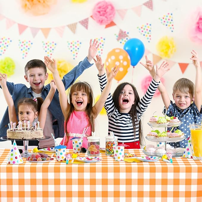 WNINK 4 Pack Orange and White Checkered Rectangular Plastic Tablecloths, Orange Gingham Waterproof Disposable Table Covers 54" x 108" for Birthday, Wedding, Outdoor Picnic Camping Parties