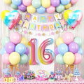 16th Birthday Decorations Rainbow,Gradient Number 16 Balloon,Pastel Happy Birthday Banner Fringe Curtain Heart Foil Balloons Boys Girls 16 Year Old Decor