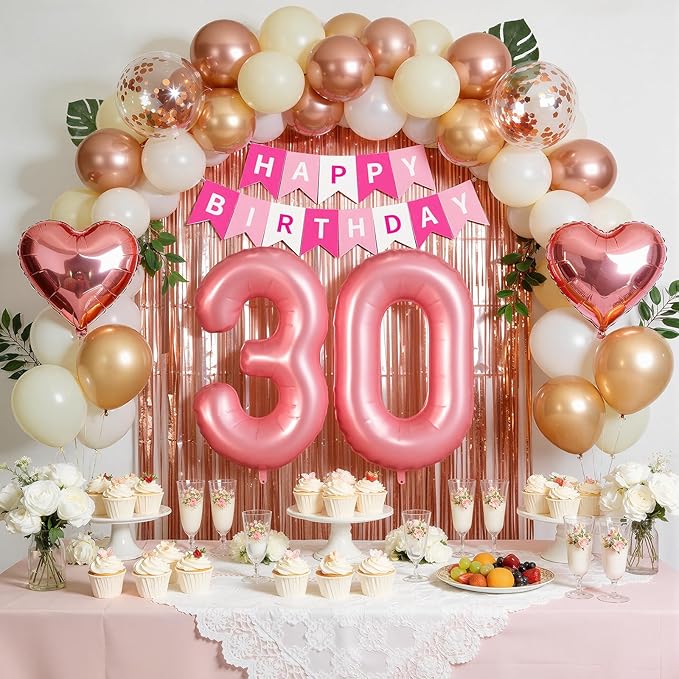 30th Birthday Decorations for Women, Rose Gold and Black Party Supplies Set with Happy 30th Banner, Number 30 Balloon and Foil Fringe Curtains, 30 Year Old Kit