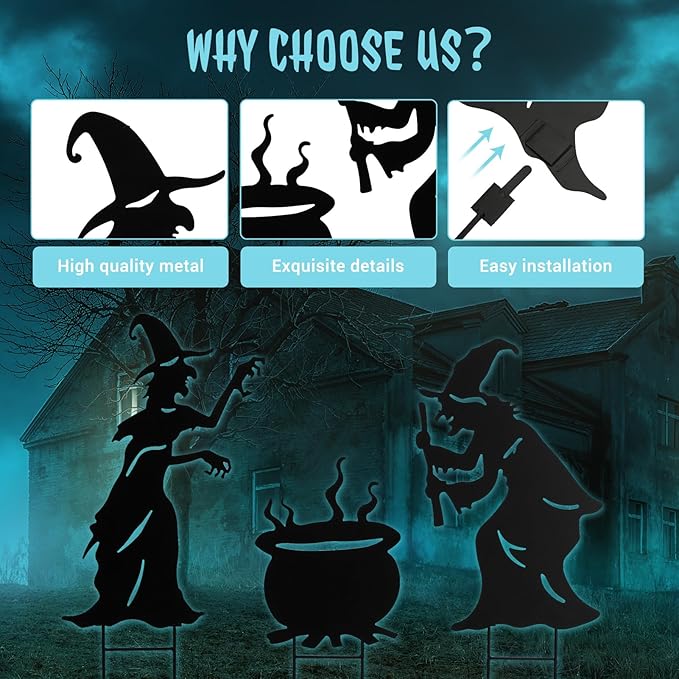 Halloween Witch Yard Decorations Witch Silhouette Yard Stakes with Cauldron,Set of 3 Metal Halloween Yard Stakes for Spooky Decorations Garden Lawn