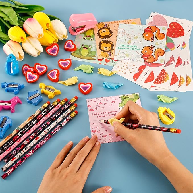 Valentine's Day Gifts for Kids Classroom - 28 Packs Super Value Stationery Kit, Cards, Pencils, Erasers, Pen Sharpeners, Holders, Exchange Party Favors Toys