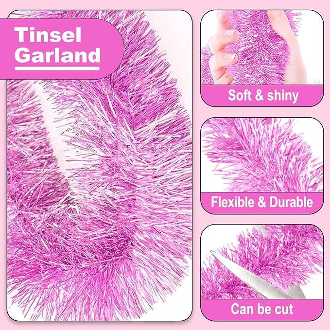 50 Feet Christmas Tinsel Garland, Metallic Twist Garland Wall Hanging Tinsel Garland Backdrop for Parade Floats, Carnival, Birthday, Wedding, New Year Party Decorations (Macaron Pink, 2in x 50ft)