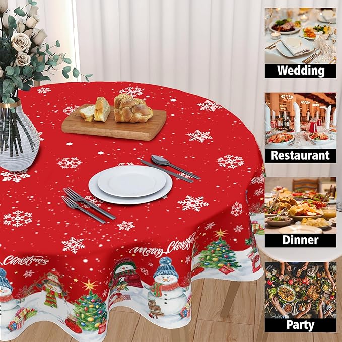 Christmas Tablecloth Round 60 Inch Red Winter Snowman Snowflake Table Cloth Farmhouse Xmas Tree Snow Table Cover for Kitchen Dinner Room Holiday Party Indoor Outdoor Home Christmas Decor