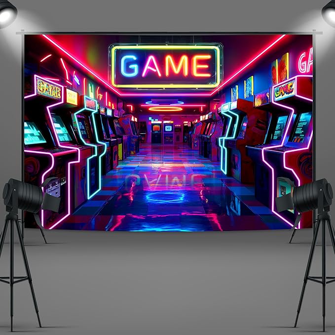 Imirell Arcade Game Neon Backdrop 7Wx5H Feet Retro Gaming Gamer Themed Colorful Glow Polyester Fabric for Kids Teen Boy Playroom Game Center Photography Backgrounds Photo Shoot Decor Props Decoration
