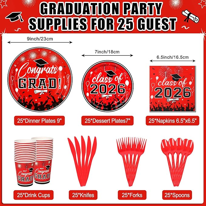 175PCS Graduation Plates and Napkins Set 2026 Graduation Party Supplies Tableware Set Include Paper Plate Napkin Cup Knife Fork Spoon for Grad Party Decor Serve25 (Red and Black)