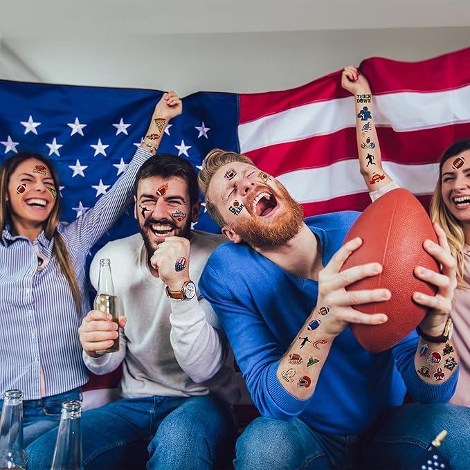 150 PCS Football Party Favors, 6 Sheets Football Tattoos Temporary, Pre-Cut Game Day Tattoos Stickers TouchDown Game for Bowl Game Day Sports Themed Party women man Decorations