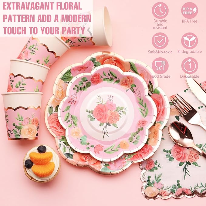175PCS Tea Party Decorations, Floral Party Supplies, Bridal Shower Paper Plates, Floral Plates and Napkins Sets for Baby Shower, Brial Shower, Wedding, Serves 25 Guest