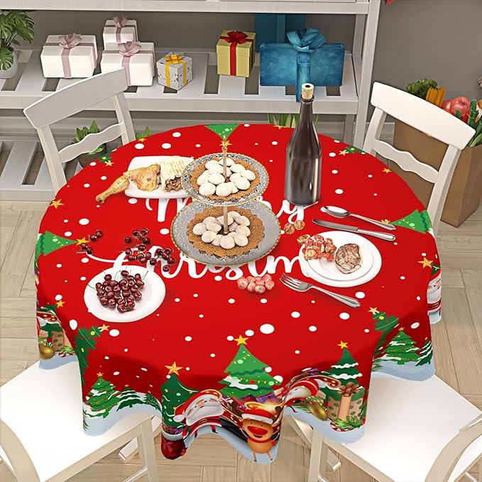 Merry Christmas Tablecloth Round 60 Inch Santa Snowman Tablecloth Reindeer Table Cloth Snowflakes Red Table Cloth for Holiday Party Outdoor Dining Room Home Christmas Decorations