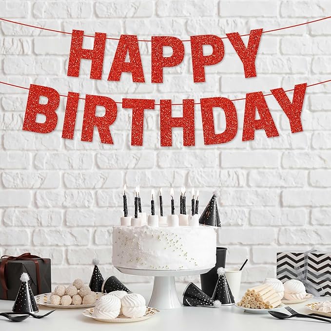 Pre-strung Happy Birthday Banner - No DIY - Red Glitter Happy Birthday Party Banner for Men Woman Boys Girls - Pre-strung on 8 ft Strands - Red Bday Party Decorations & Decor. Did We Mention No DIY