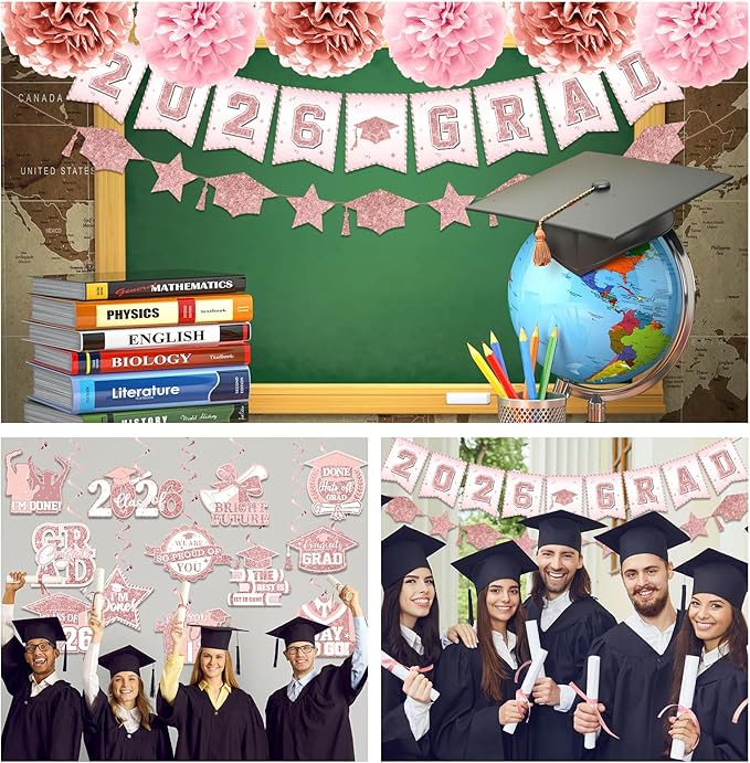 2026 Pink Graduation Decorations, 2026 Grad Banner and Congrats Grad Hanging Swirls, Rose Gold Graduation Banner Graduations Hanging Swirls College Graduations Party Decorations Class of 2026