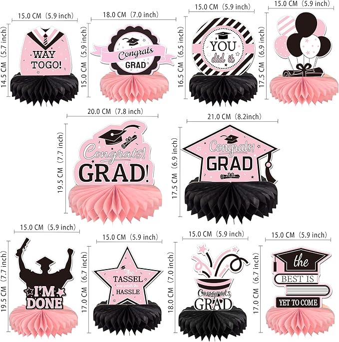 10PCS Graduation Decorations Class of 2025 Centerpieces, Congrats Grad Honeycomb Table Toppers for Graduation Party Favors, 2026 Graduation Party Decorations (10PCS, Pink & Black)