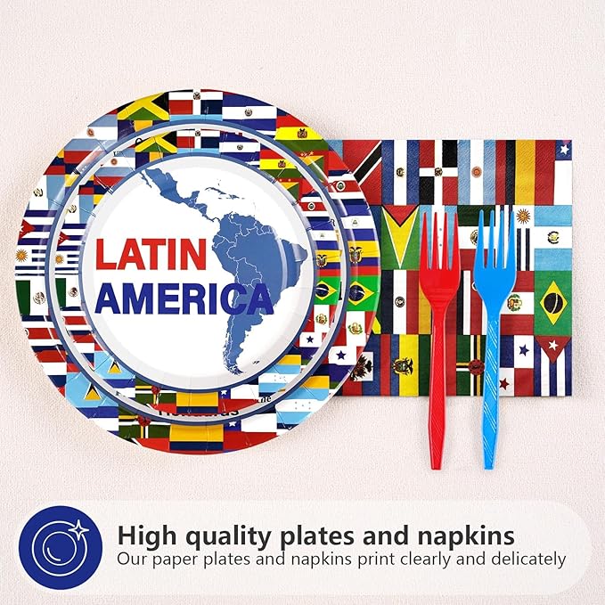 96Pcs Hispanic Heritage Month Decorations Latin America Countries String Flags Plates and Napkins Countries Flags Themed Tableware Favors for Latin Cultural Sports Events Party Supplies Serves 24