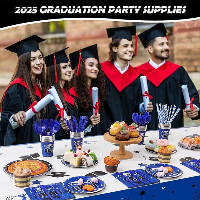 Graduation Party Supplies Congrats Grad Decorations Class of 2025, Disposable Plates and Napkins with Banner Tablecloth Cups Dinnerware Sets for Graduation Decor, Serves 24 (Blue and White)