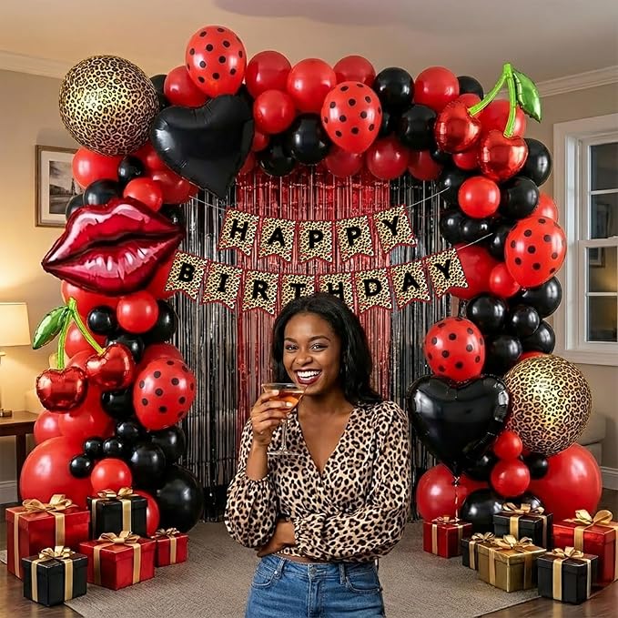 Leopard print party decorations with Red Black polka dot Balloon Arch & lips cherries black hearts foil balloons & banner foil Tinsel Fringe for Girls Woman cheetah print Birthday decorations (Red)