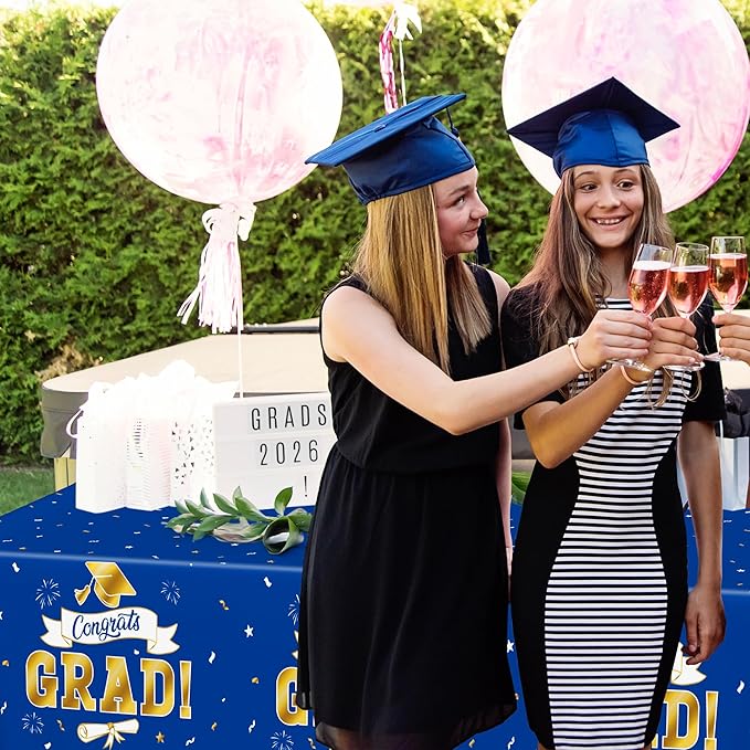 QZYL 2Pack 2026 Graduation Decorations, 108" X 54" Graduation Tablecloth, Bluegold Disposable Table Cloths for Grad Party Favors Supplies, Rectangle Plastic Tablecover for Class 2026 Congrats Grad