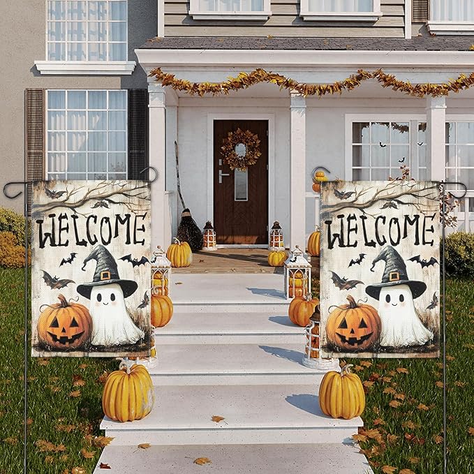 Halloween Garden Flag, 12x18 Inch Halloween Flag, Welcome Yard Flag with Ghost, Pumpkin for Outdoor Porch Decorations